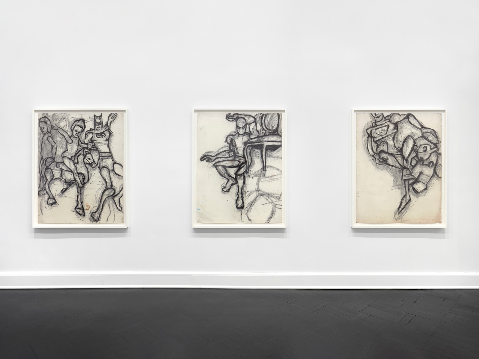 Installation view, Joyce Pensato: Batman vs. Spiderman, Petzel, New York, 2021., Untitled, circa 1976, Charcoal on paper, 50 x 38 inches.