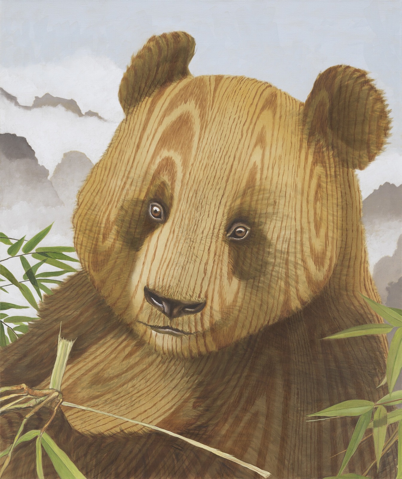 painting of a a panda surrounded by some bamboo, mountains are in the background. Instead of fur, the panda is painted in a wood grain.