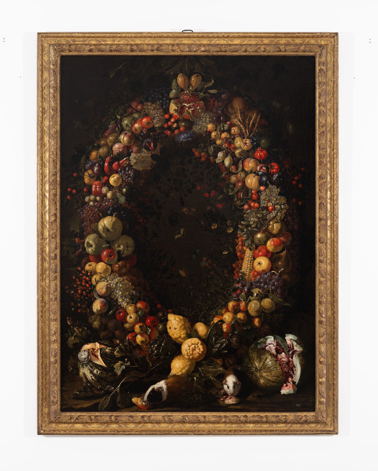 Luca Forte (Naples, 1615 &ndash; ante 1670), A garland of pomegranate, grapes, peaches, corn, figs, lemons and other fruits and vegetables, with guinea fowls in the foreground