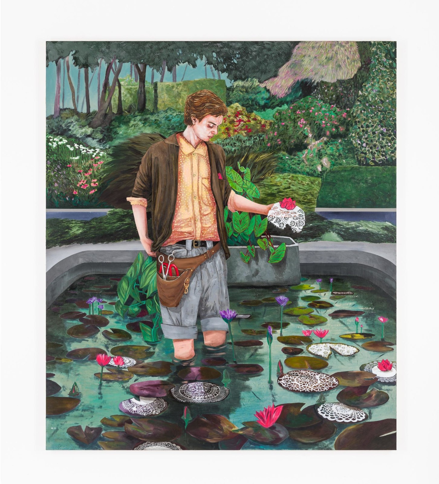 HERNAN BAS, Conceptual artist #17 (With the aid of scissors, paper doilies and origami he elevates lily ponds to attract potential princes), 2023