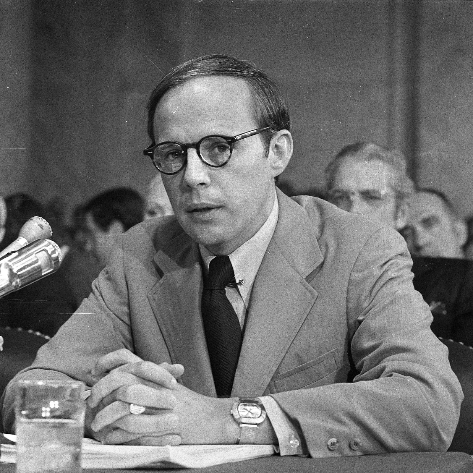 Former White House aide John Dean reads a prepared statement before the Senate Watergate Committee on June 25, 1973.