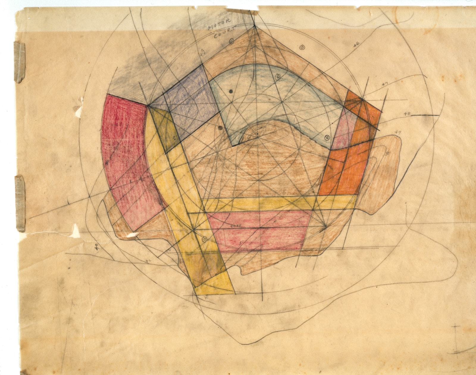 Fred Olsen Sr. House, 1951, site plan, colored pencil and graphite on tracing paper