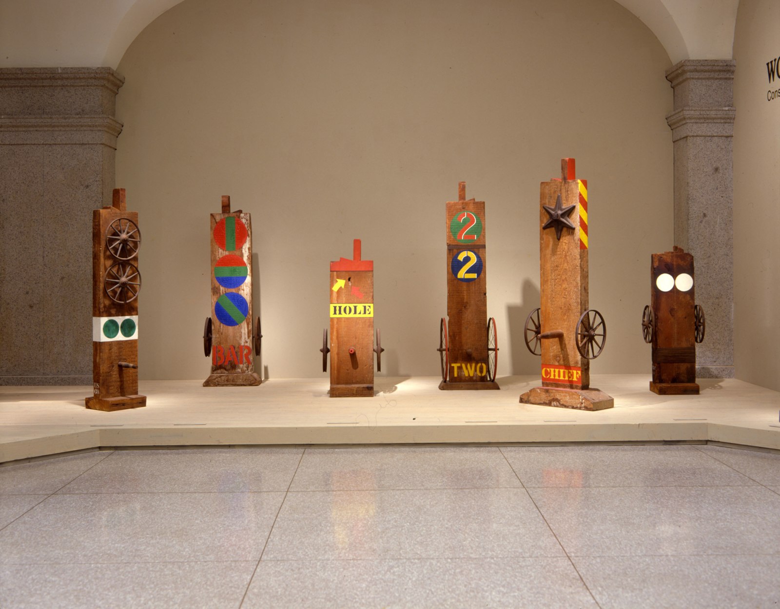 Installation view of Robert Indiana: Wood Works, National Museum of American Art, Washington, D.C., May 1&amp;ndash;September 3, 1984; left to right: Ge (1960), Bar (1960), Hole (1960), Two (1962), Chief (1962), and Virgin (1960) . Photograph Archives, Smithsonian American Art Museum