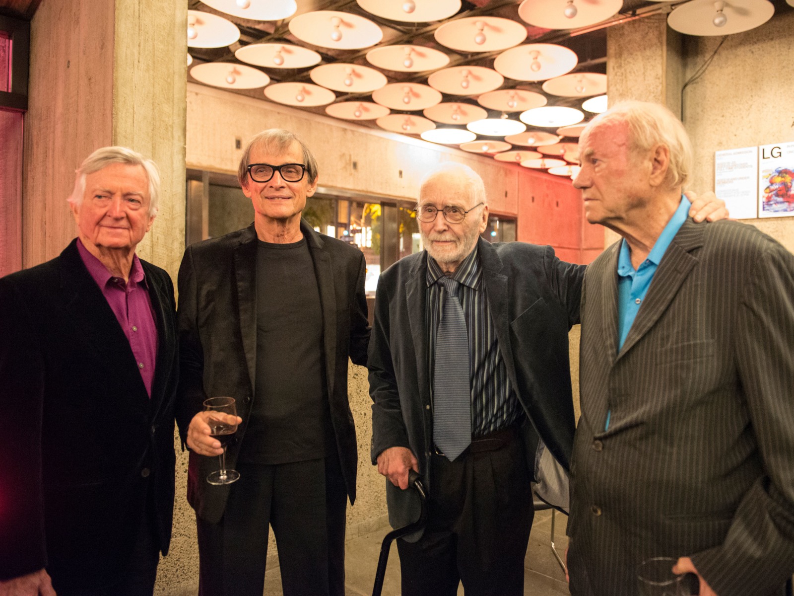 Photographed, from left to right, Jack Youngerman, Charles Hinman, Robert Indiana, and James Rosenquist at the opening of the exhibition Robert Indiana: Beyond LOVE at the Whitney Museum of American Art, New York, September 24, 2013. Photo: Jody Dole