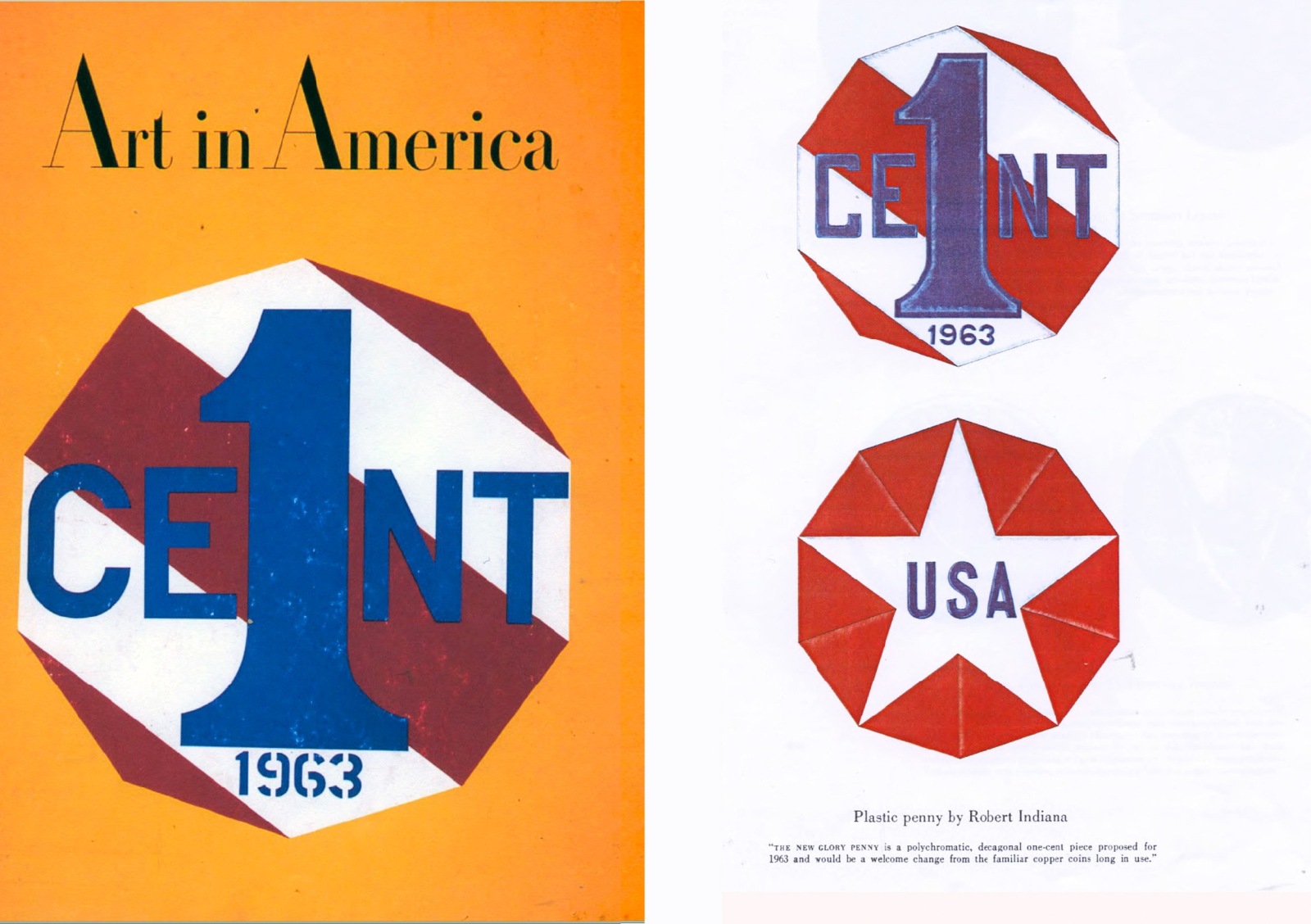 Indiana&amp;rsquo;s New Glory Penny (1963) on the cover of Art in America, April 1963, and depictions of the coin, obverse and reverse, in a full-page illustration in the interior