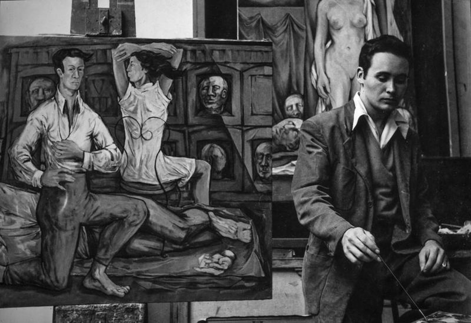 Robert Clark, Chicago, 1953, with the untitled oil painting, featuring a man on one knee and a woman seated in a chair, that helped him to win a Foreign Travelling Fellowship from the Art Institute of Chicago