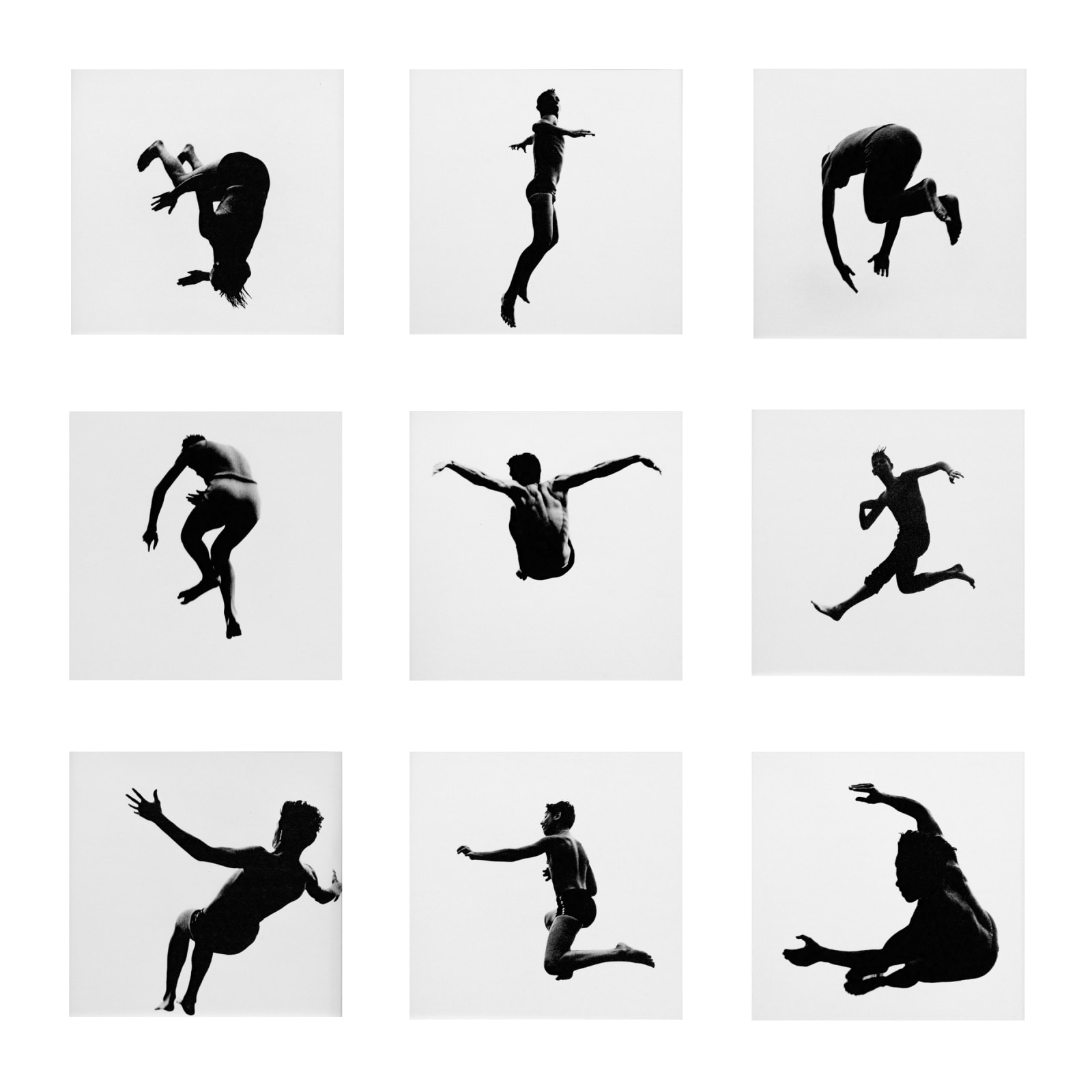 A grid of nine black and white images show people leaping and flying in the air.