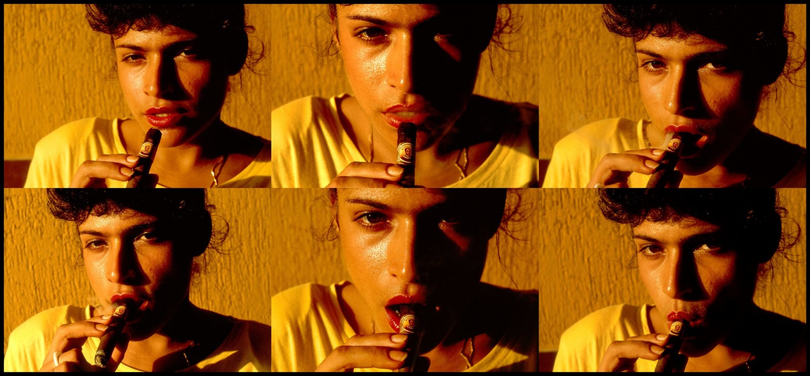 Six images of the same woman wearing a yellow shirt and smoking a cigar