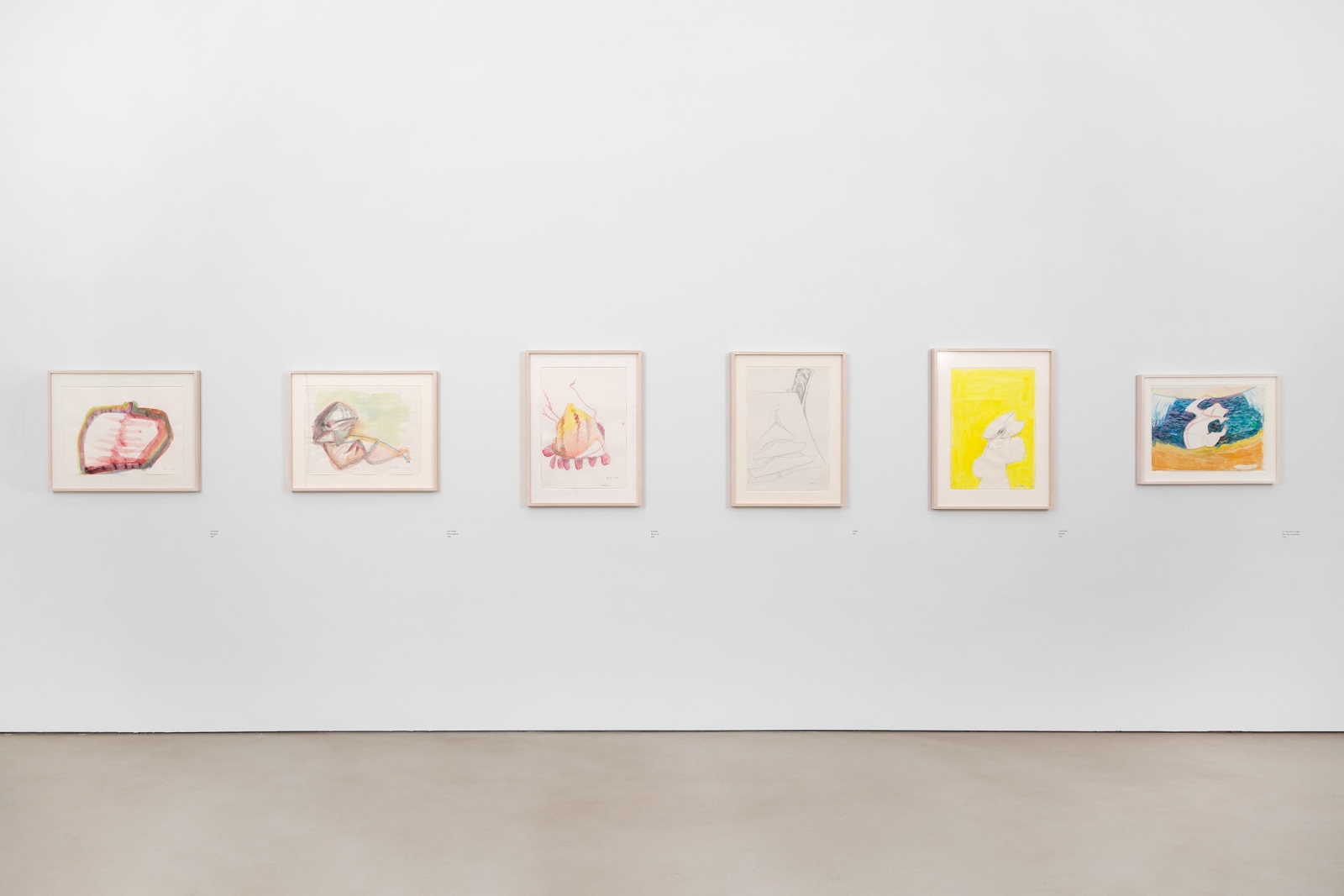 Installation view, Maria Lassnig,&nbsp;Works on Paper, 1955&ndash;2004, Petzel, 2025