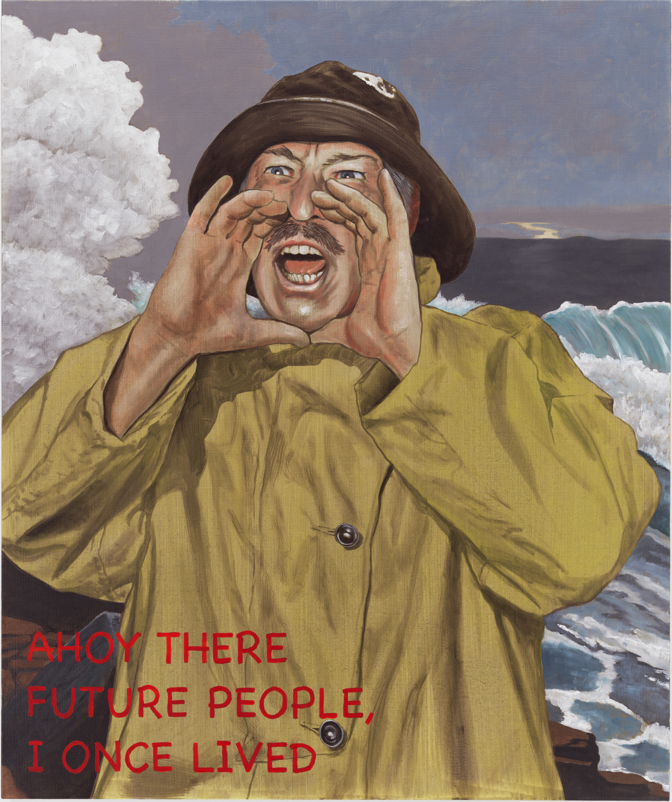 Portrait of a man in a yellow rain jacket. His hands are cupped around his mouth, he is yelling. the ocean is the back ground. in the lower left corner, there is test painted in red that reads &quot;Ahoy there future people, I once lived.&quot;
