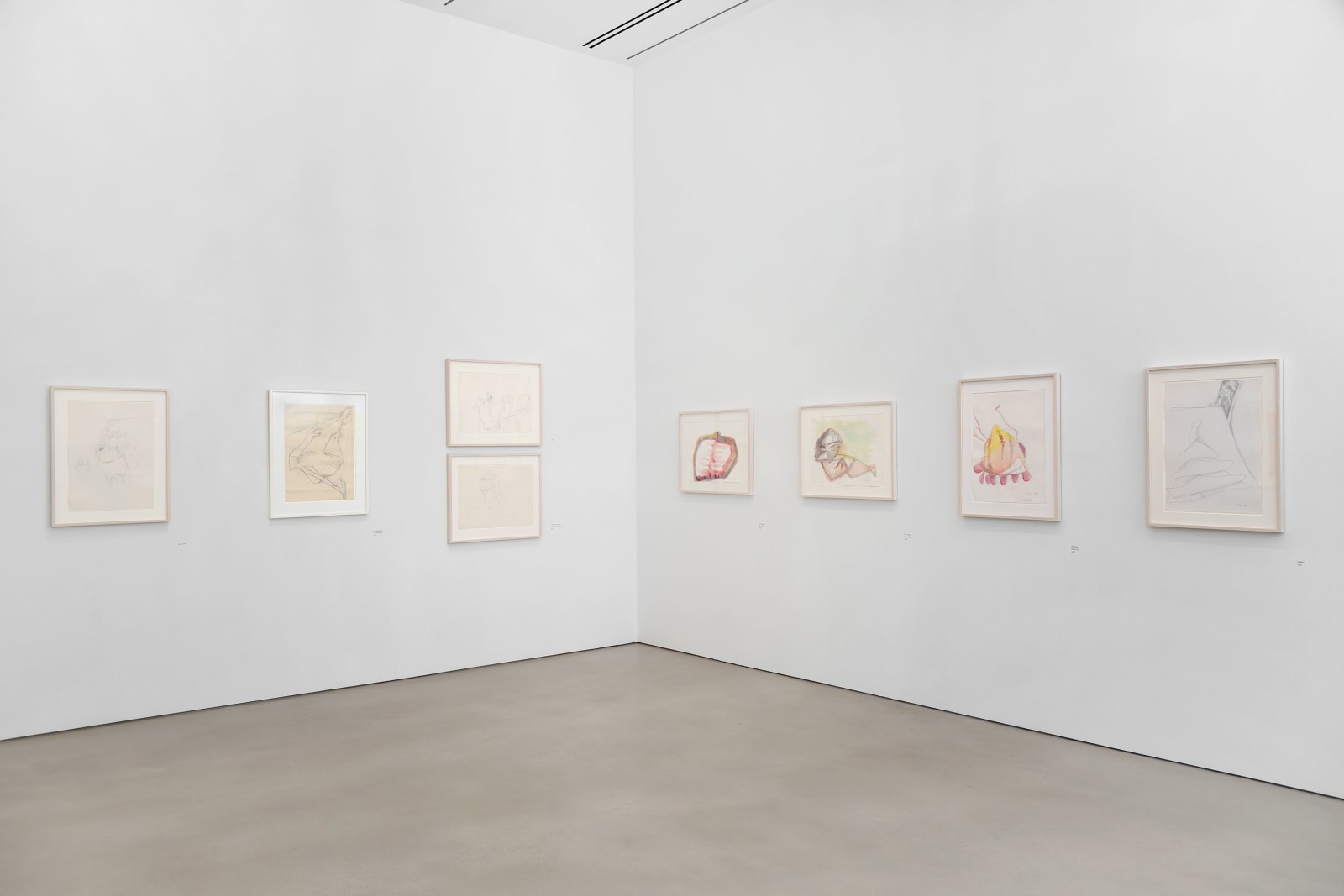 Installation view, Maria Lassnig,&nbsp;Works on Paper, 1955&ndash;2004, Petzel, 2025