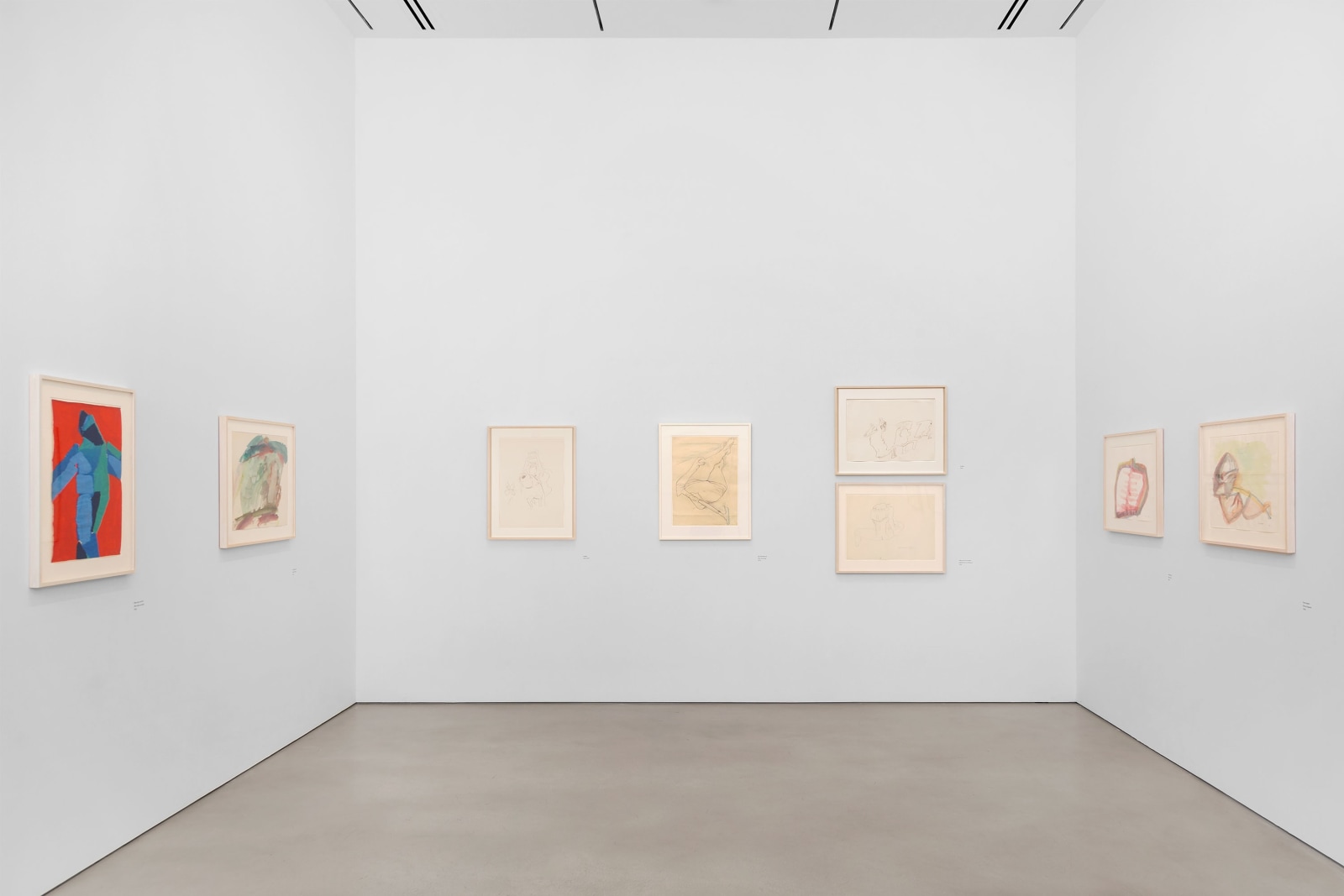 Installation view, Maria Lassnig,&nbsp;Works on Paper, 1955&ndash;2004, Petzel, 2025