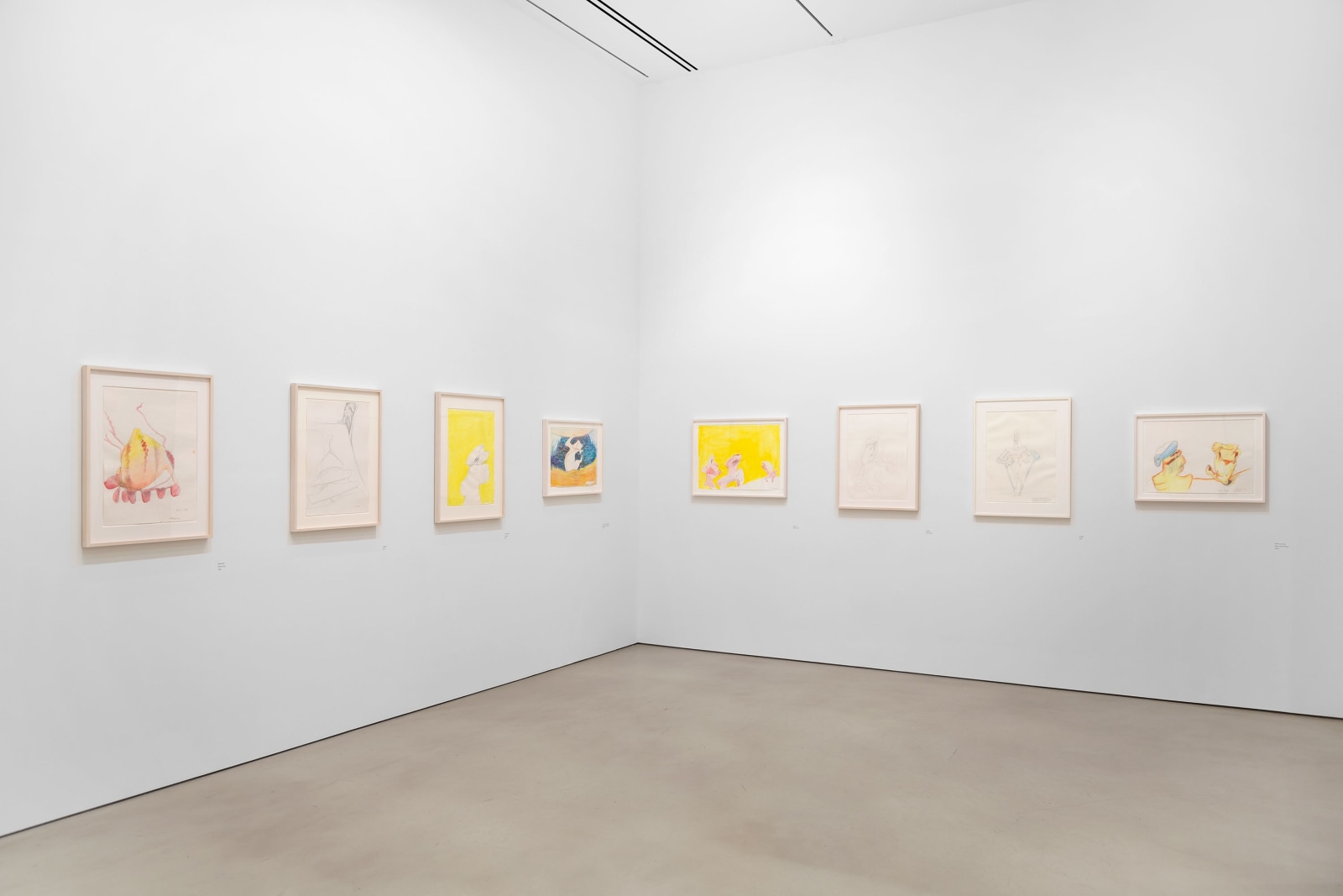 Installation view, Maria Lassnig,&nbsp;Works on Paper, 1955&ndash;2004, Petzel, 2025