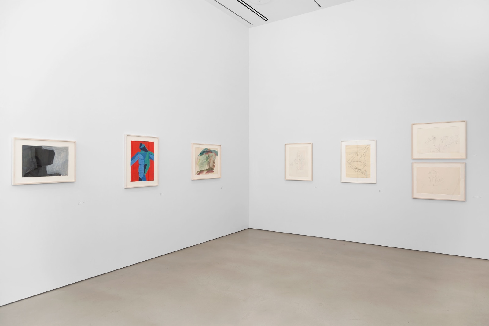 Installation view, Maria Lassnig,&nbsp;Works on Paper, 1955&ndash;2004, Petzel, 2025