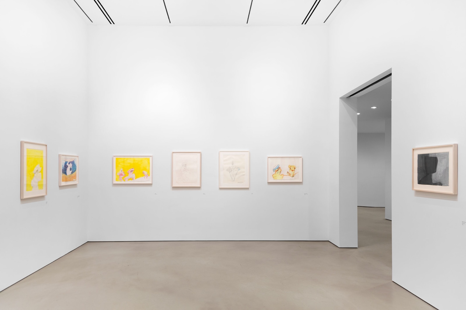 Installation view, Maria Lassnig,&nbsp;Works on Paper, 1955&ndash;2004, Petzel, 2025