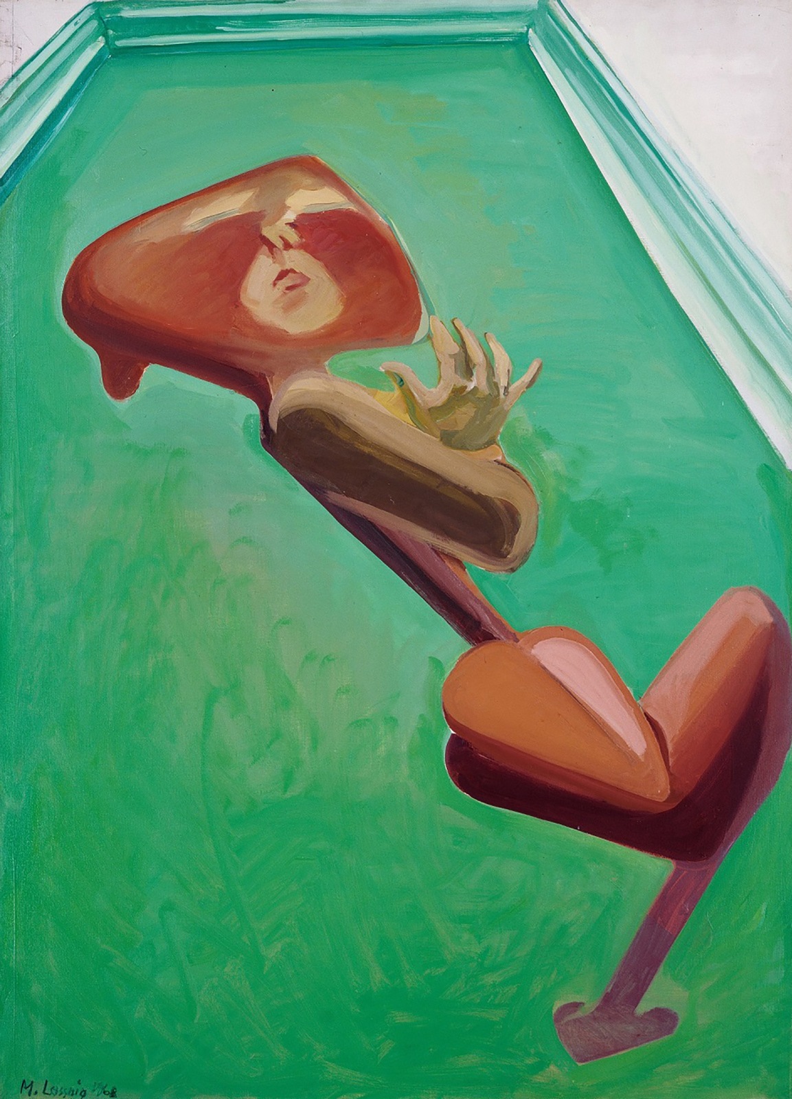 Maria Lassnig, Herzselbstportr&amp;auml;t im gr&amp;uuml;nen Zimmer, 1968, Oil on canvas. The Klewan Collection.&amp;nbsp;&amp;copy; Maria Lassnig Foundation / VG Bild-Kunst, Bonn 2024.