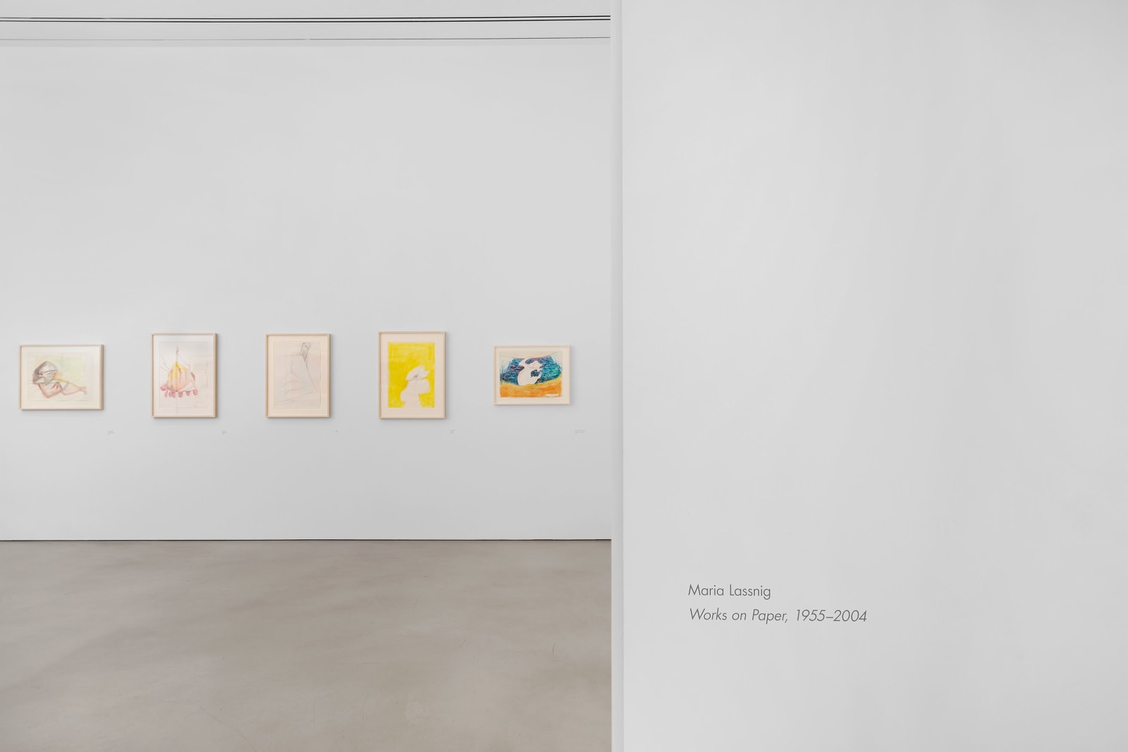 Installation view, Maria Lassnig,&nbsp;Works on Paper, 1955&ndash;2004, Petzel, 2025