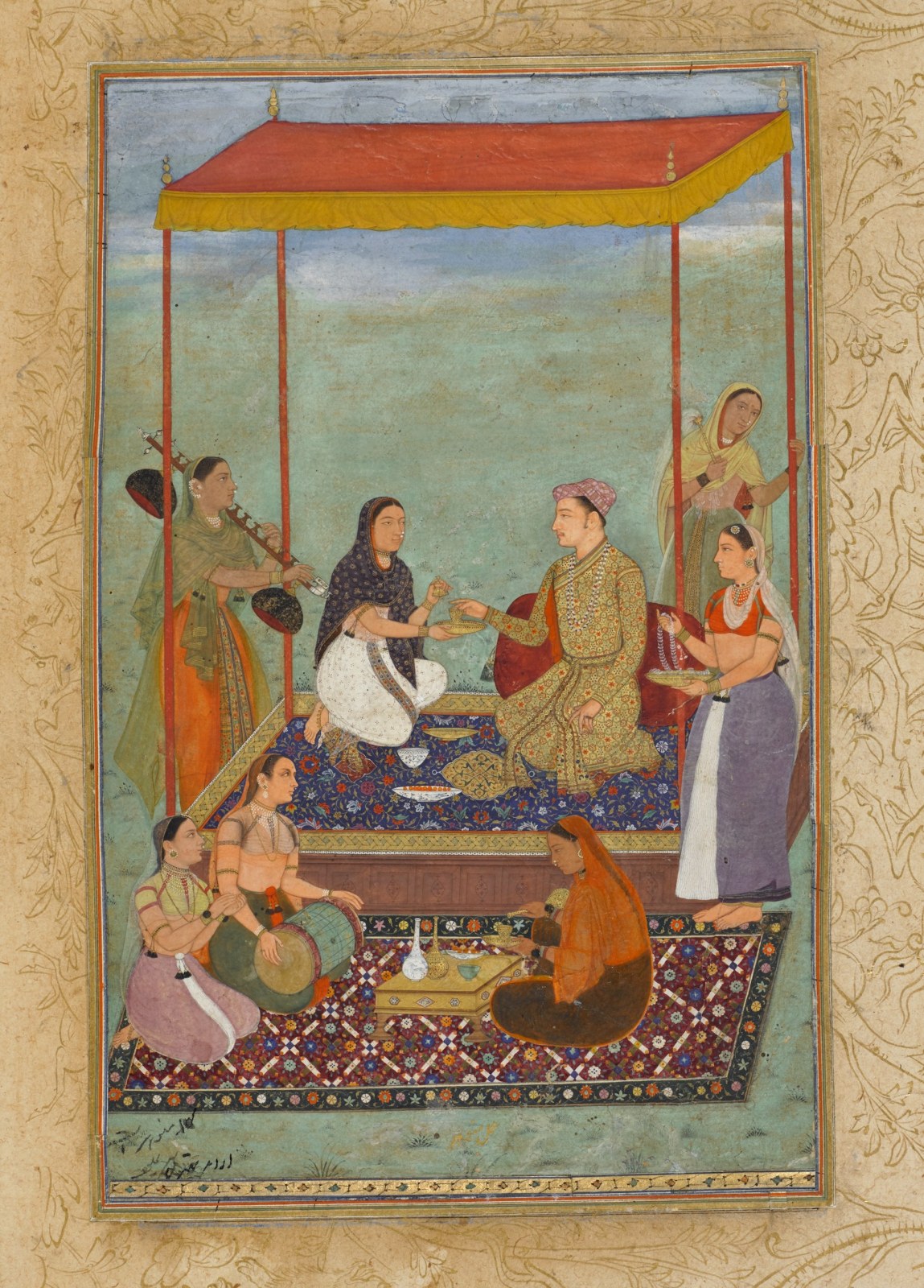 A Prince, perhaps Sultan Parviz, with Female Companions - Attributed to Bishndas, Mughal, 1605-1610 - Artworks-Items - Carlton Rochell