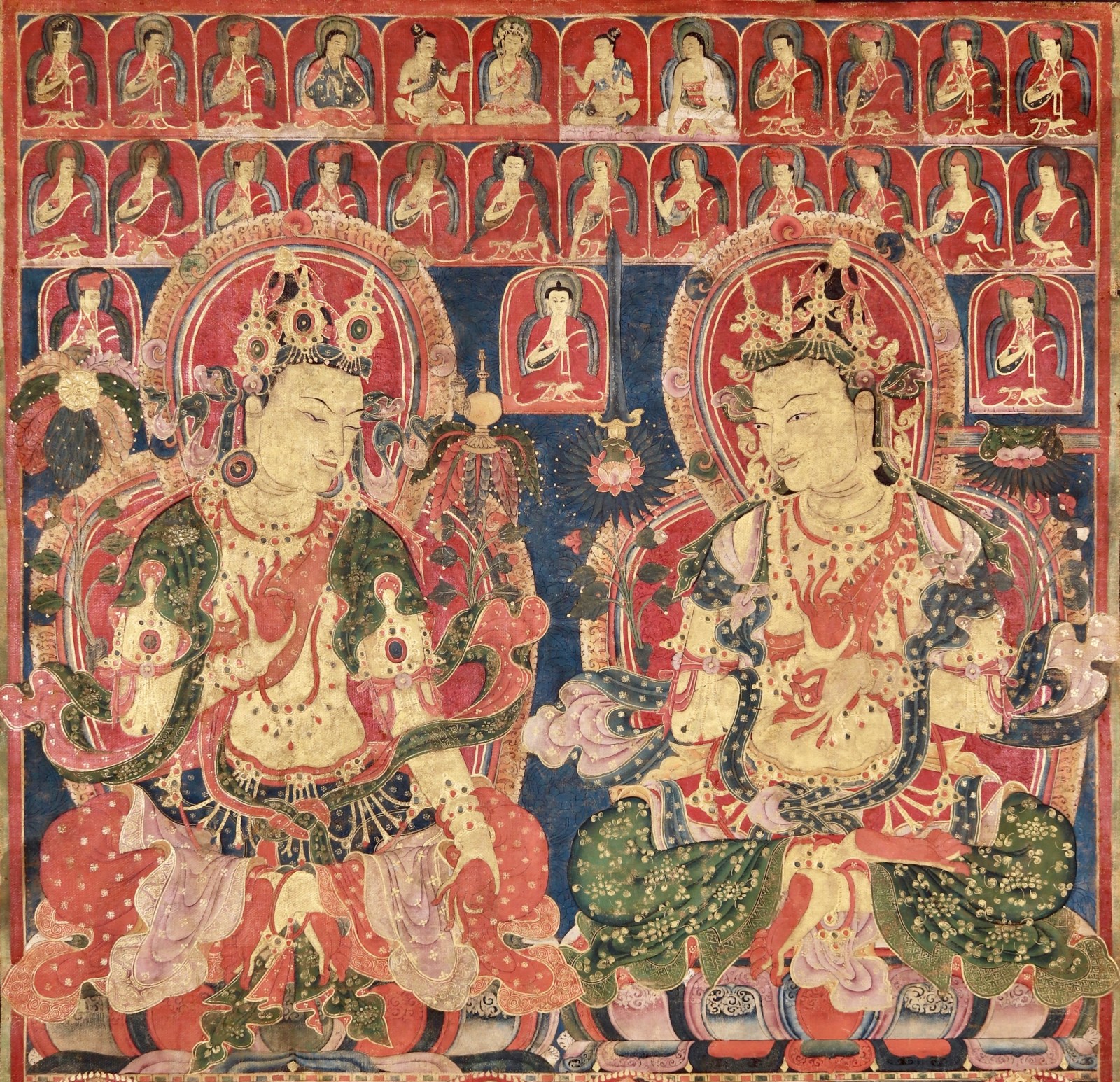 This fine and rare fourteenth or early fifteenth-century thangka upholds the Tibetan tradition established by Atisha of depicting Maitreya and Manjushri in discourse.