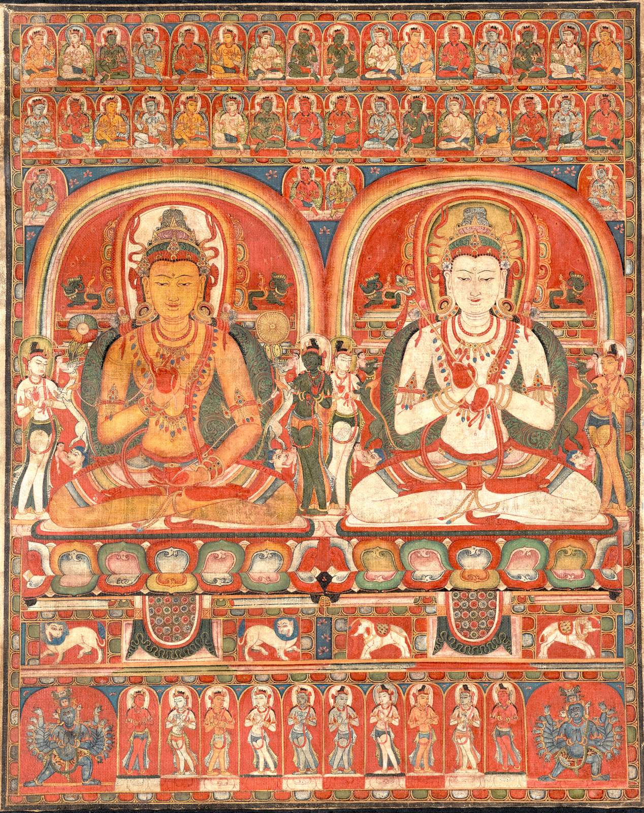 This rare Tibetan thangka is from a set of at least two paintings depicting the Four Transcendent Lords of the Bon religion
