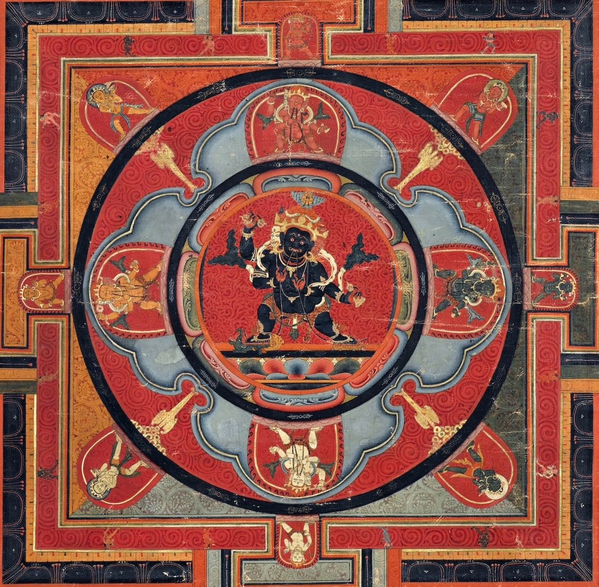 VAJRAPANI MAHACHAKRA MANDALA
Tibet, Late 14th or early 15th century
Distemper on cloth
25 5&amp;frasl;8 by 19 3&amp;frasl;4 in. (65 by 50 cm.)