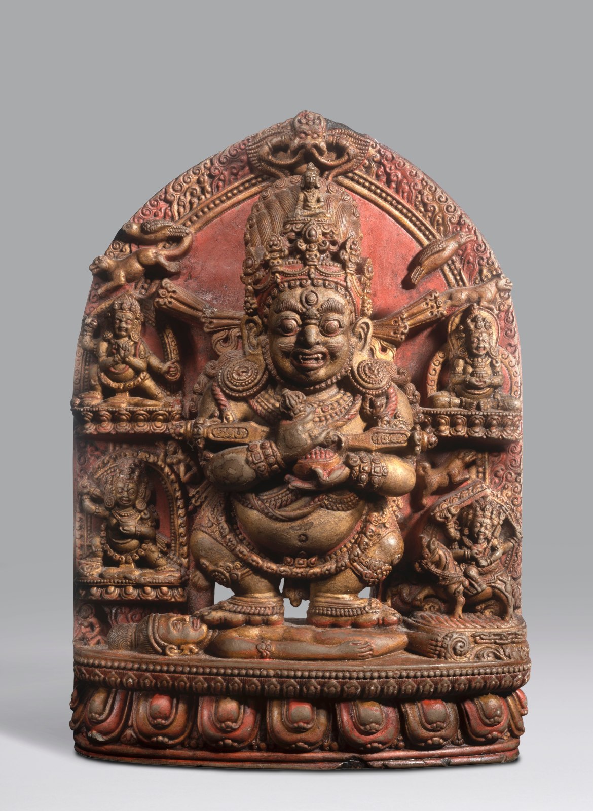 This sculpture depicts a form of Mahakala that was particularly important in the Sakya tradition and is often known as the Lord of the Pavilion (or Tent).  