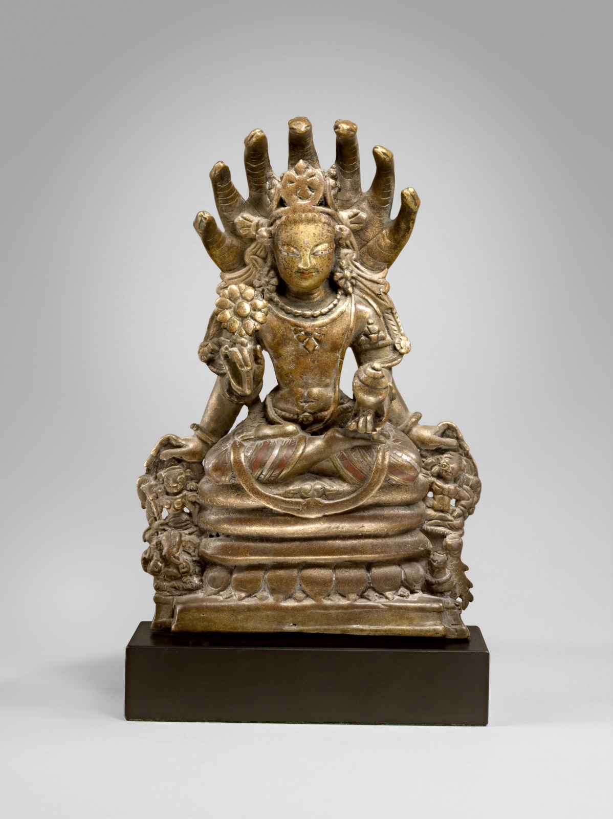 Vishnu is seated in dhyanasana on the coils of the seven-headed cobra Shesha