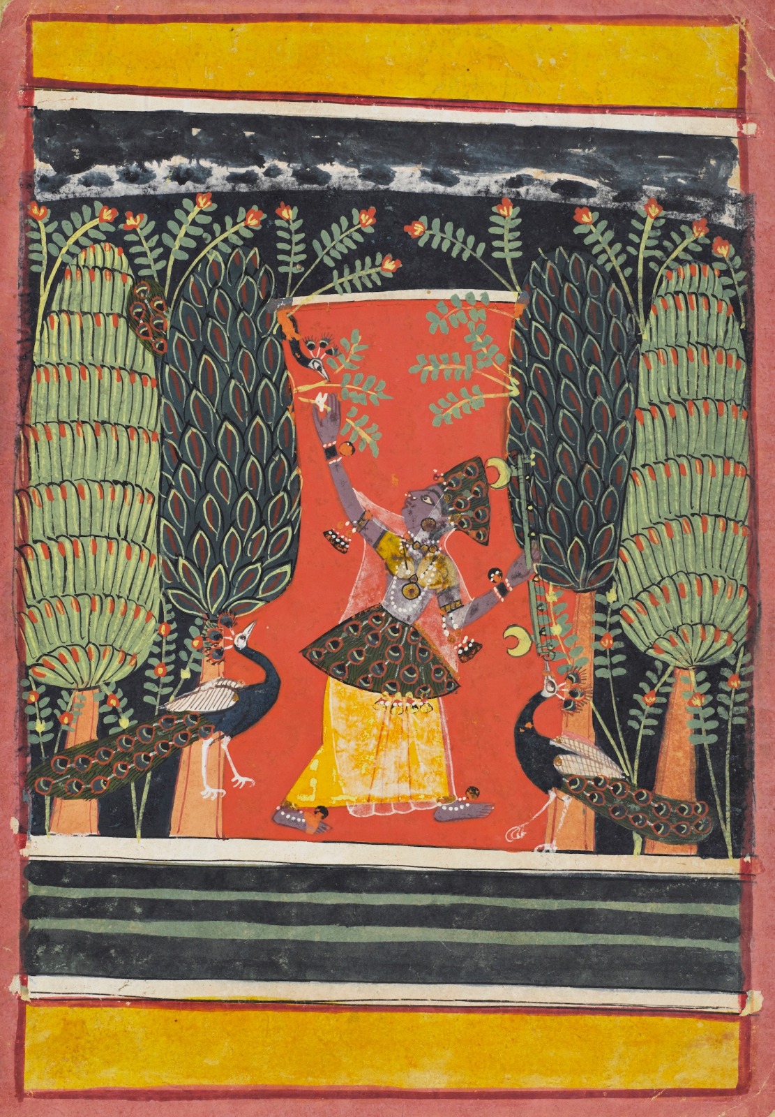 A blue-skinned lady is walking through the forest at night holding a vina in her hand and reaches up to pluck a mango blossom from the tree behind her