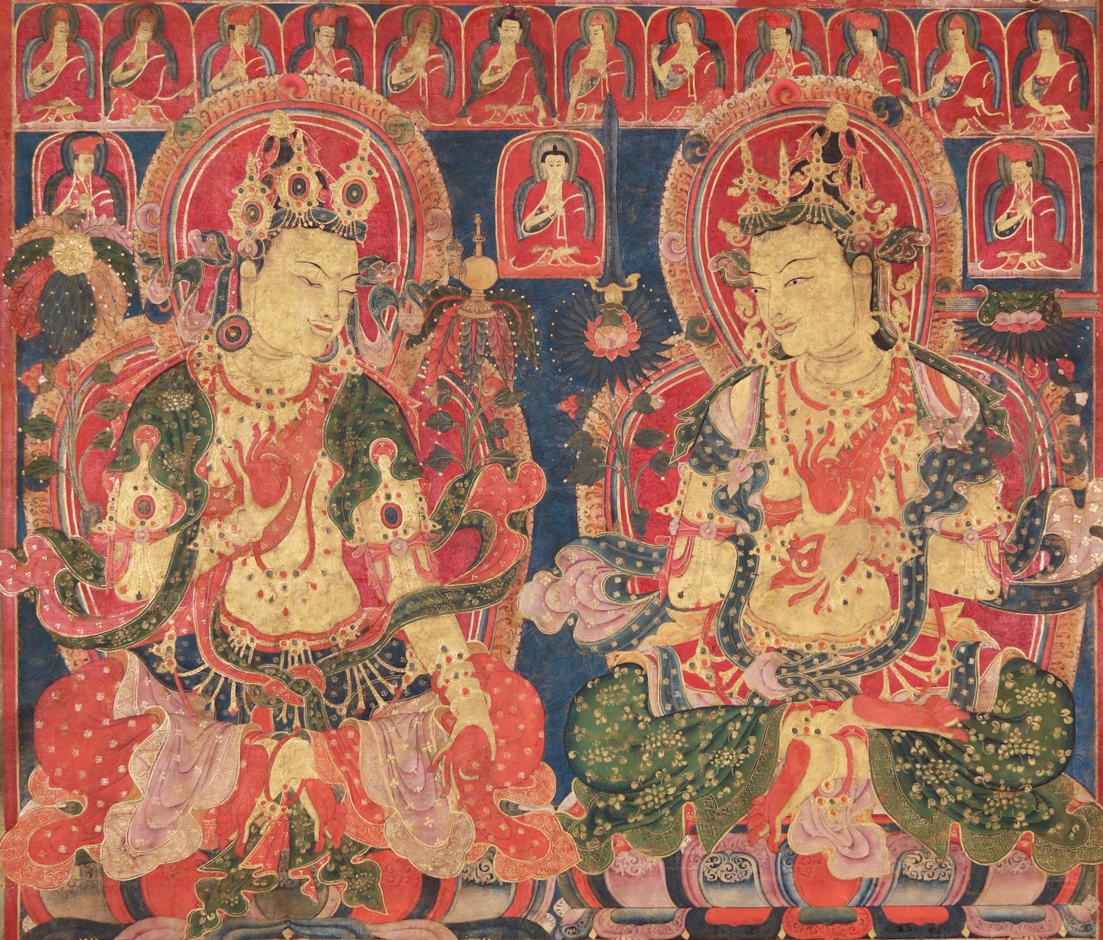 This fine and rare fourteenth or early fifteenth-century thangka upholds the Tibetan tradition established by Atisha of depicting Maitreya and Manjushri in discourse. 
