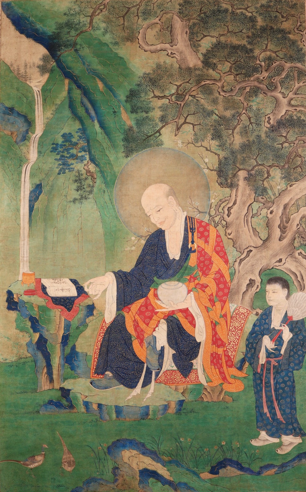 This is a painting of the Arhat Pindola, one of four Arhats asked by the Buddha to remain in the world to propagate Buddhist law.