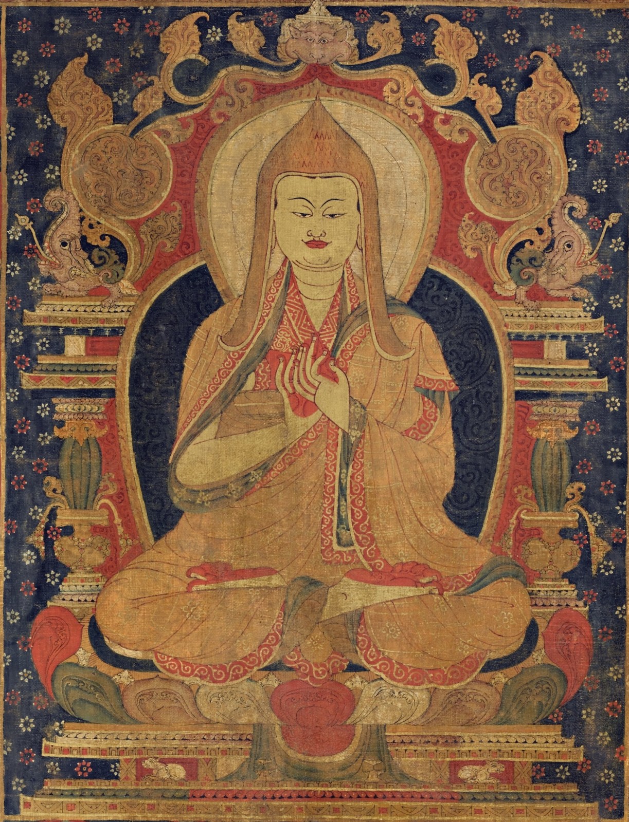 Detail of Buddhist Hierarch painting showing him seated on a lotus throne