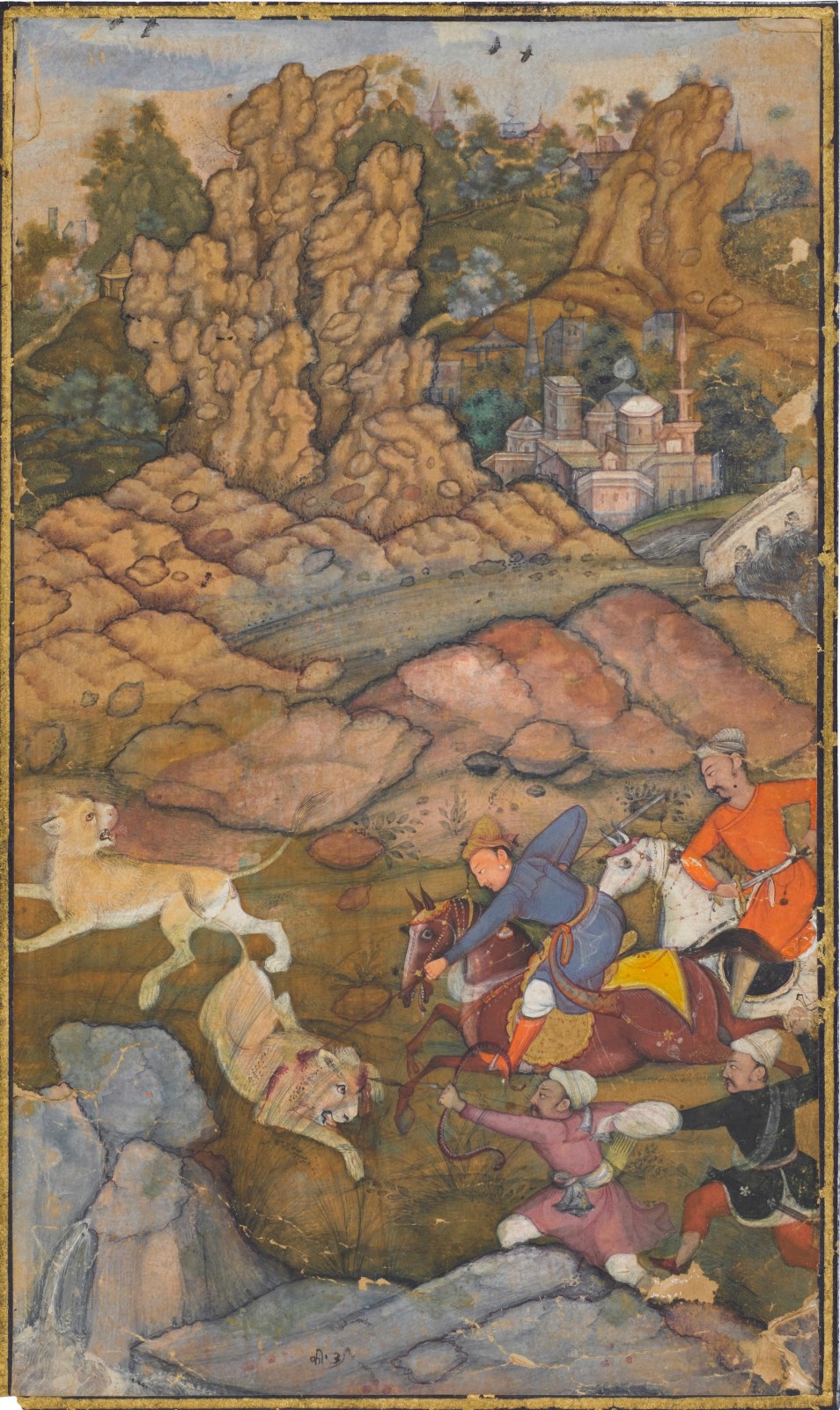 A Lion Hunt - Attributed to Muhammad Sharif, Mughal, 1600-1605 - Artworks-Items - Carlton Rochell