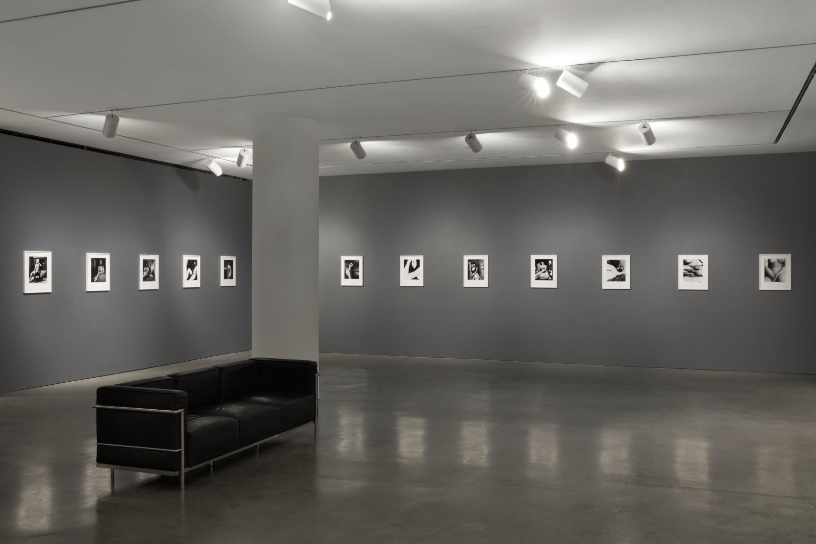 Installation view of photographs by Bills Brandt, works are in white frames of a gray wall. 