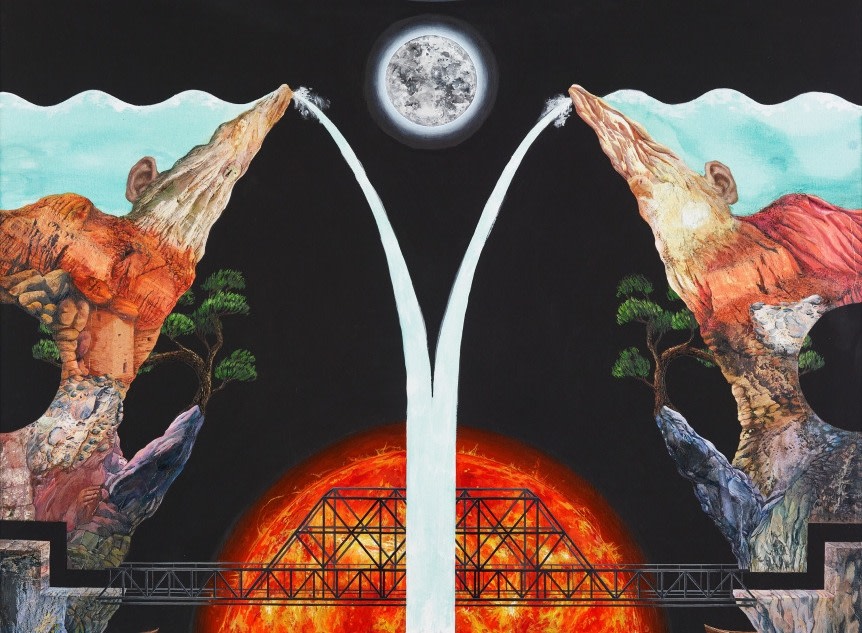 Detail of painting by Dustin Yellin titled Bridge Across the Sun from 2023