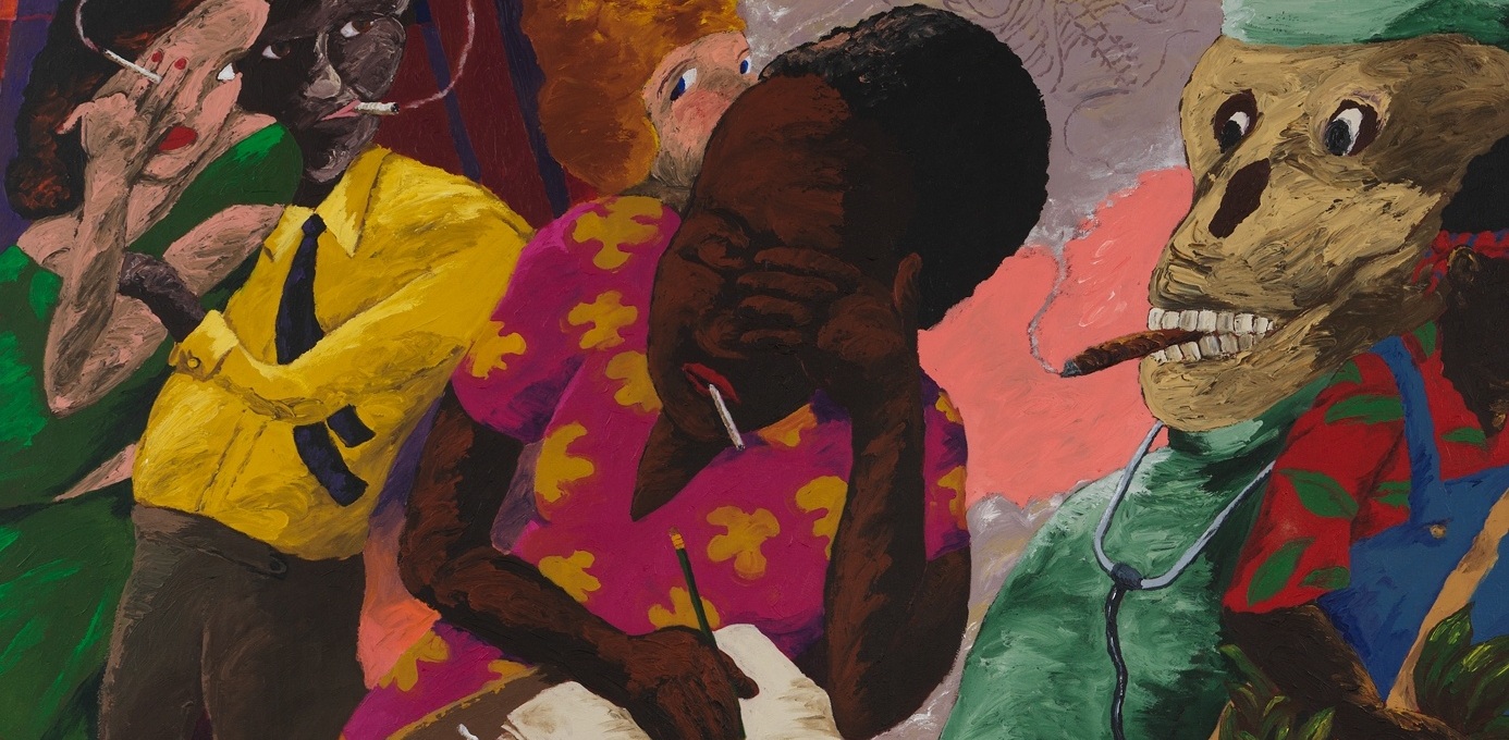 Detail of a painting by Robert Colescott titled Tobacco: Last Holdouts