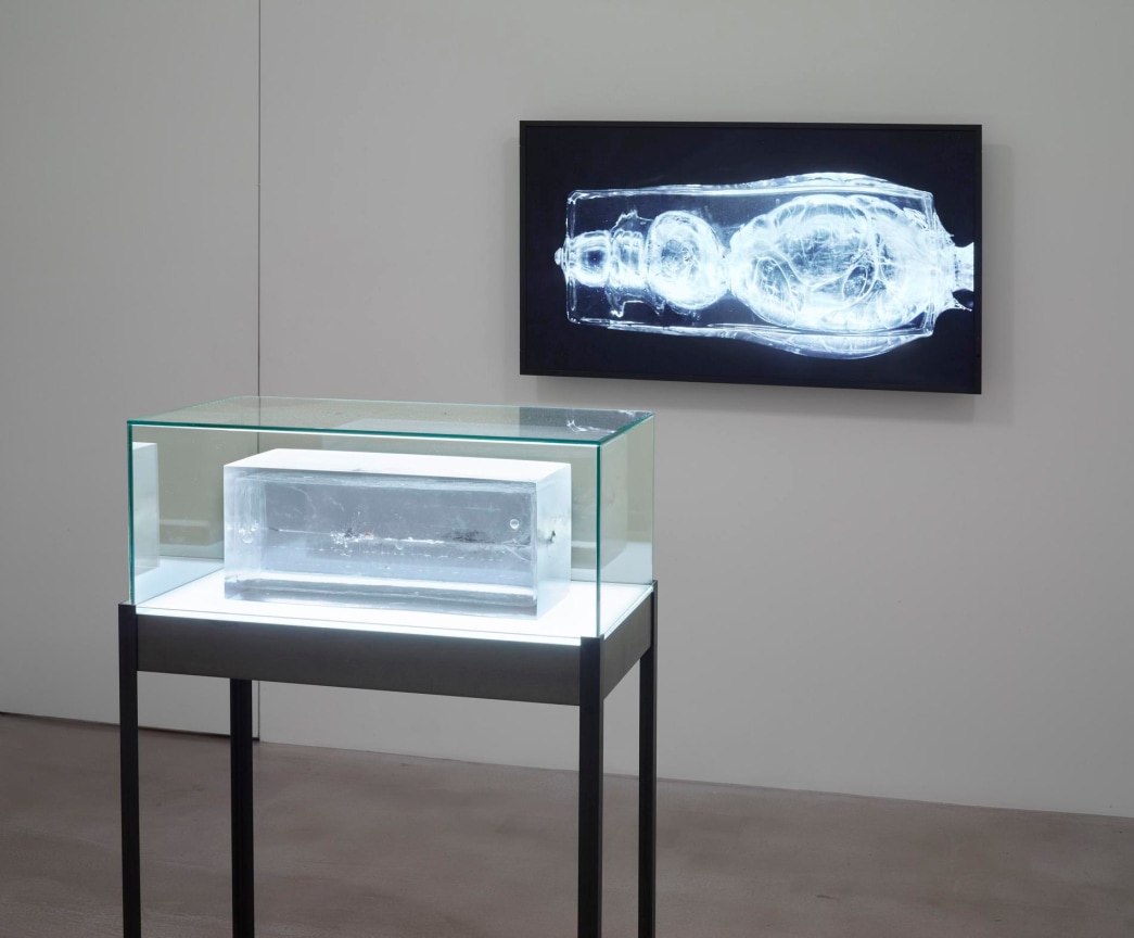 installation view of a video and sculpture