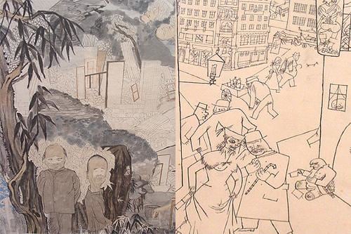 Work by Yun-Fei Ji next to work by George Grosz