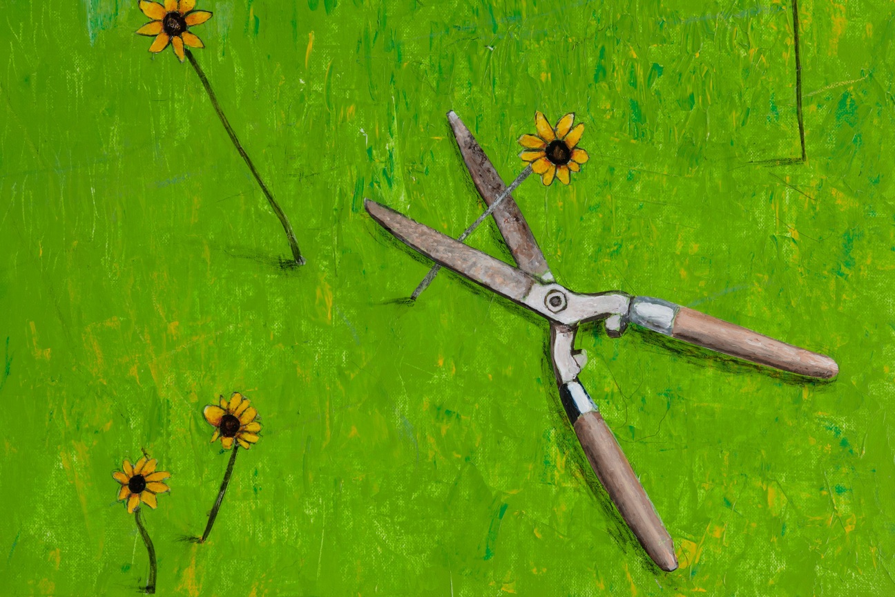 painting of gardening sheers and yellow flowers on the grass
