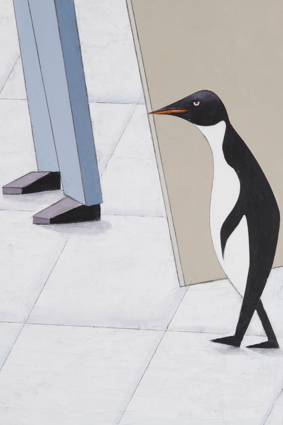 painting of a penguin alongside a pair of human legs