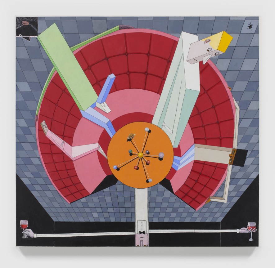 Geometric figures sit in a concentric disc of restaurant booth orbiting a table-top model solar system