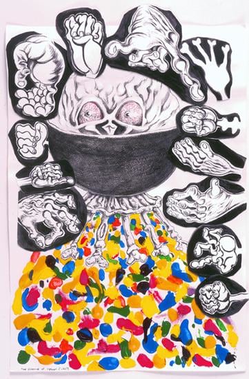 strange anthropomorphic creature surrounded by hands and releasing pill-like objects