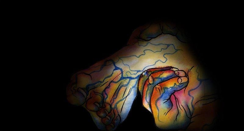 contorted feet and hands with blue veins