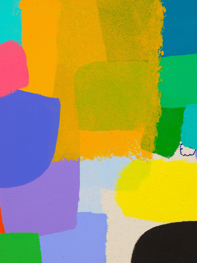 close up of Federico Herrero's &quot;Sin t&iacute;tulo&quot; focusing on smooth, painted shapesof varying colors