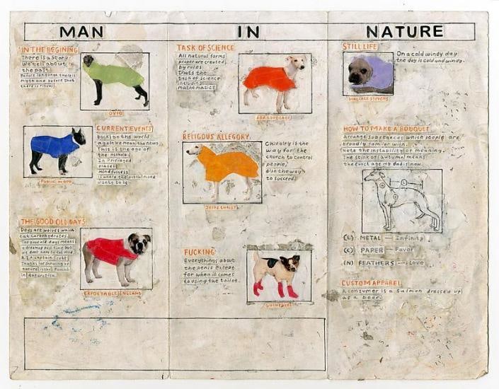 Colleage of taxonomized dogs wearing an assortment of garments by SIMON EVANS&trade;.