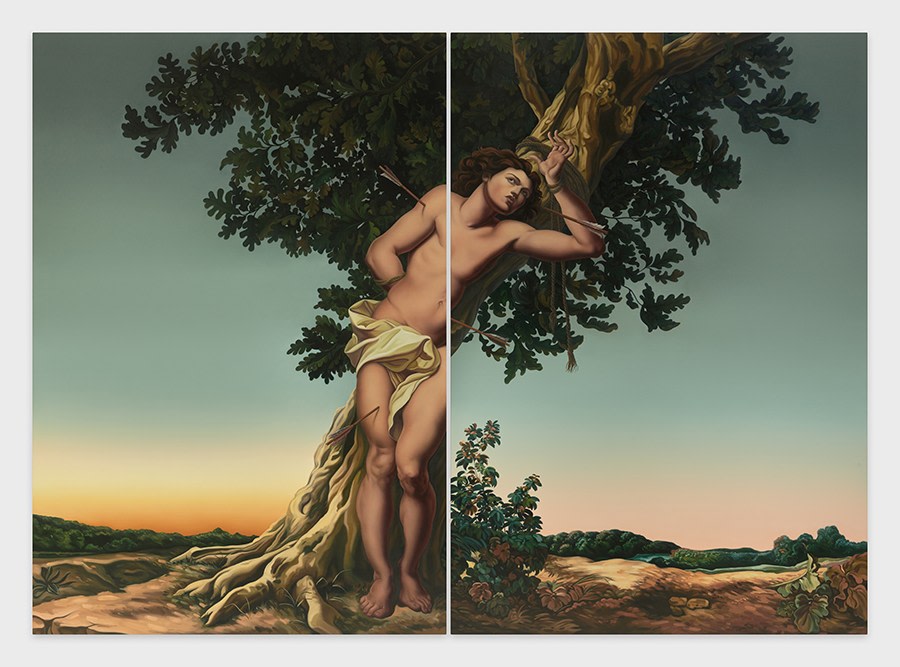 half nude figure tied to a tree