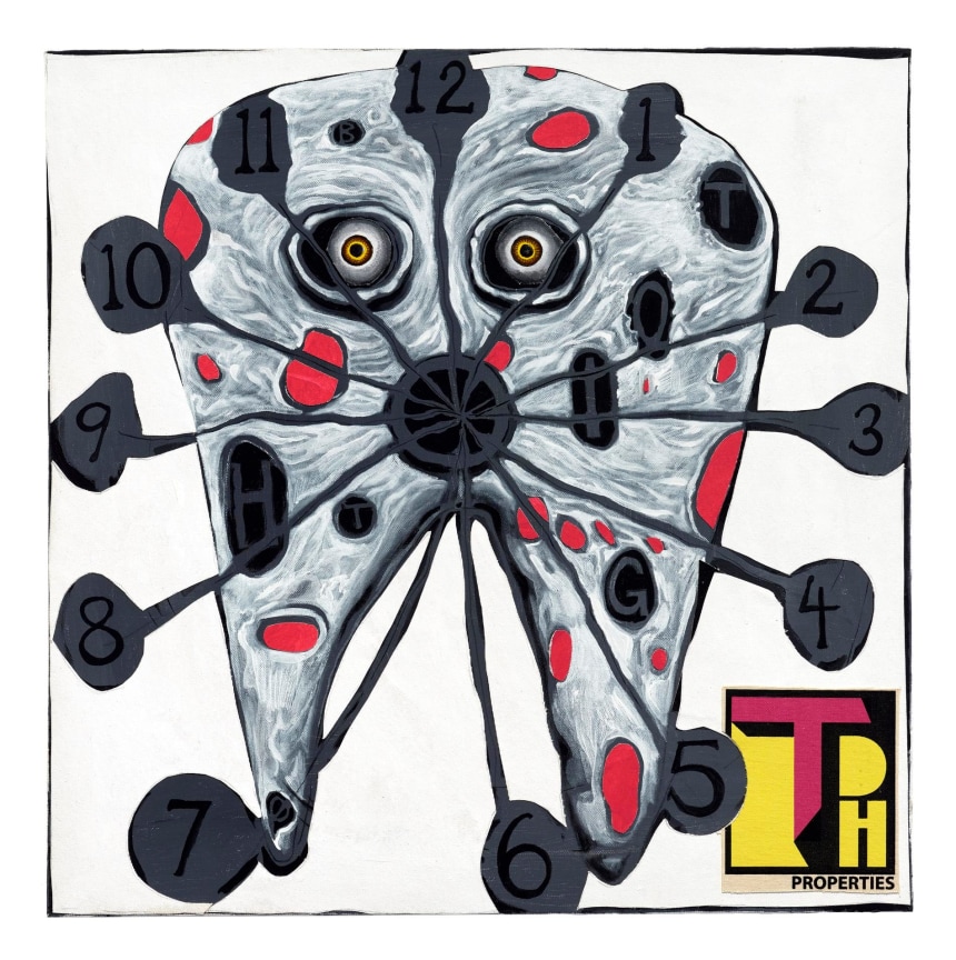 , TRENTON DOYLE HANCOCK, Big Tooth Clock, 2016, mixed media on canvas, 24 x 24 x 1 1/2 in.