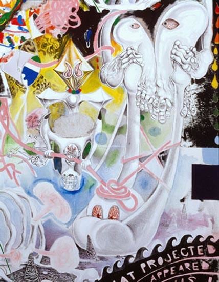 many strange anthropomorphic creatures and abstract components in one artwork