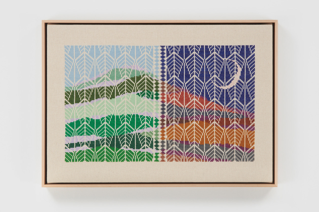 hand embroidered artwork, half green and half purple