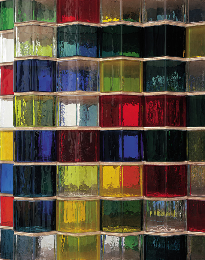 Detail of Josiah McElheny's Bruno Taut&rsquo;s Monument to Socialist Spirituality (After Mies van der Rohe),&nbsp;2009 (different colored blocks stacked up and against each other)