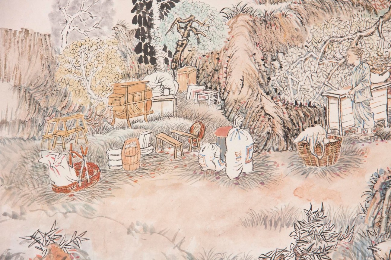 Furniture and sacks scatter around in a rural setting